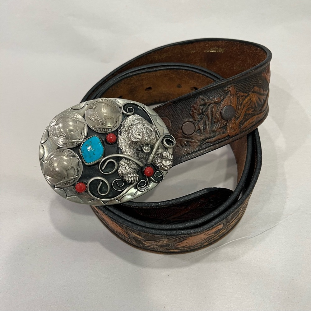 Western Leather Belt American Bear Turquoise Coral Buffalo Coins Belt Buckle VTG
